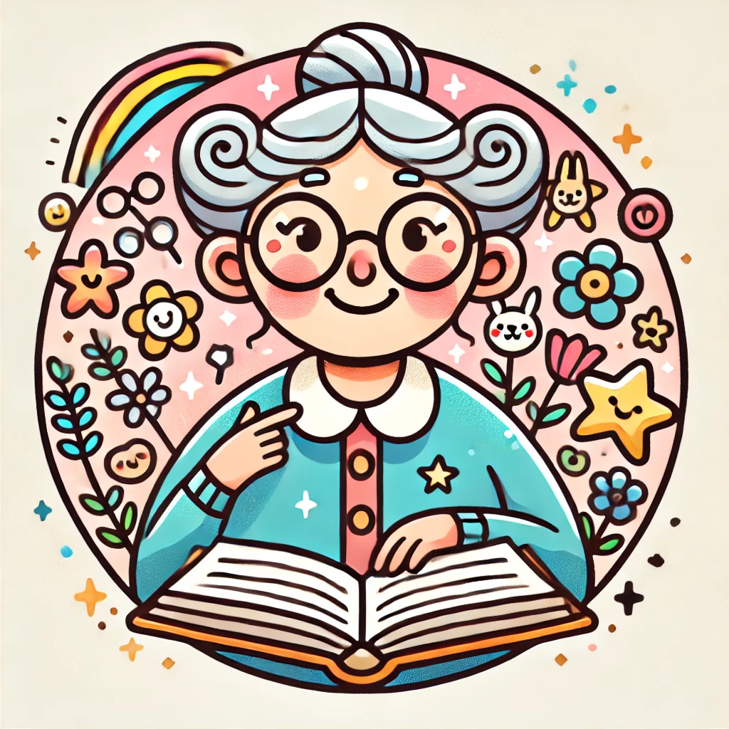 Illustration of Grandma Whickety Whacker reading from an open storybook