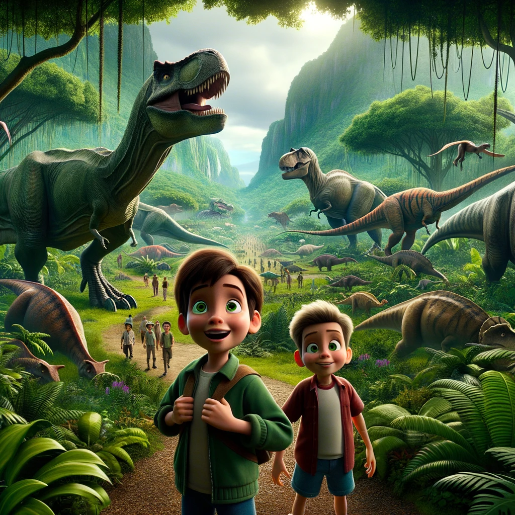 Concept art of Tony and Macaroni exploring a world filled with dinosaurs