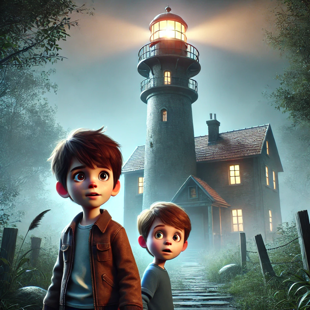 Concept art of Tony and Macaroni approaching a lighthouse at night