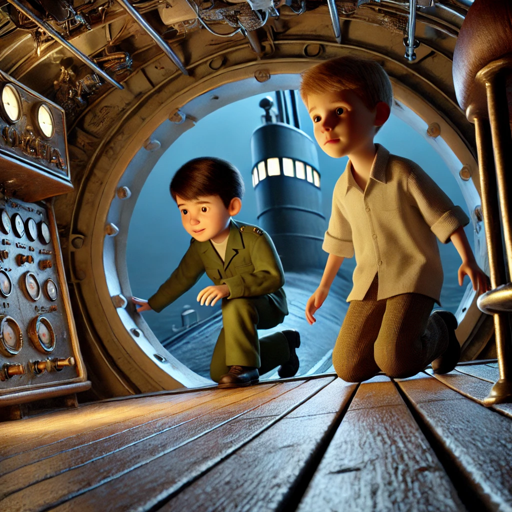 Concept art of Tony and Macaroni climbing through the hatch of a submarine